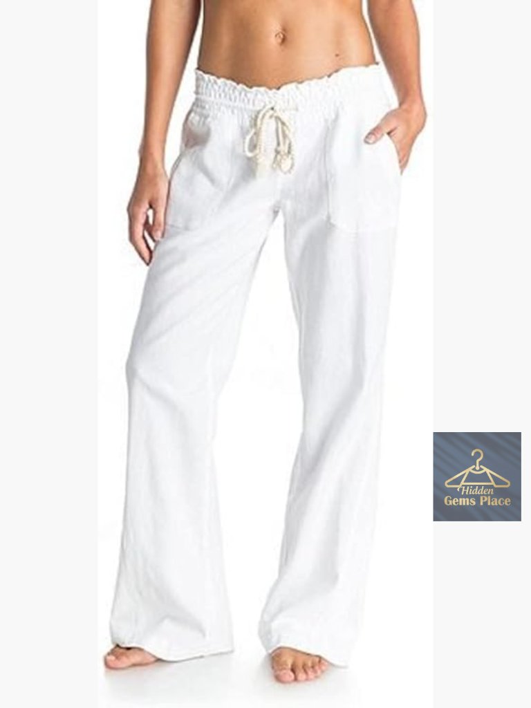 Women's Linen Blend Pants With Pockets Elastic Drawstring Waist Flared Leg